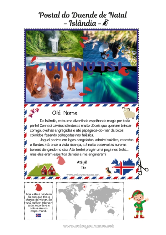 Página de desenho para imprimir Viagem Do Elfo De Natal Cartão Postal Islandia Cartão Postal De Um Único Duende Um Único Duende Travesso