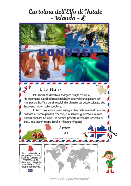 Pagina da colorare da stampare Viaggio Dell'elfo Di Natale Cartolina Islanda Cartolina Di Un Solo Elfo Un Solo Folletto Burlone