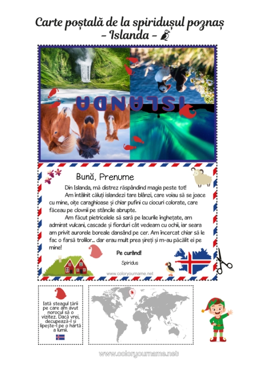 Pagină de colorat de imprimat Călătoria Elfului De Crăciun Carte Poștală Islanda Carte Poștală De La Un Singur Gnom Un Singur Spiriduș Jucăuș