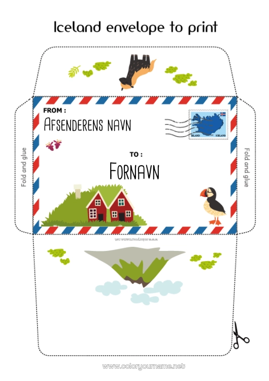 Farvelægningssiden til udskrivning Kuvert Land Trykt kuvert Julefejls rejse Island Kuvert til julemandens nissepost