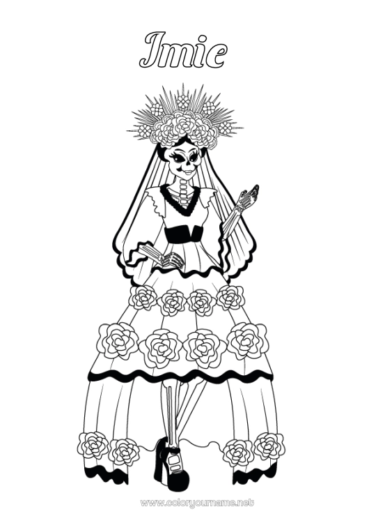 Kolorowanka do wydruku Szkielet Dzień Zmarłych Catrina