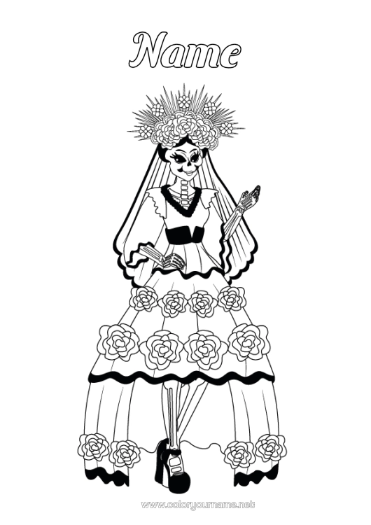 Colouring page to print Skeleton Day Of The Dead Catrina