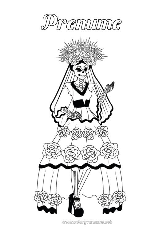 Pagină de colorat de imprimat Schelet Ziua Morților Catrina