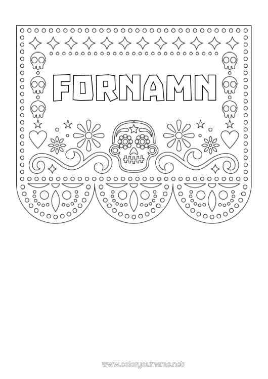 Färgläggningssida att skriva ut De dödas dag Calaveras, dödskallar Mexikansk broderi
