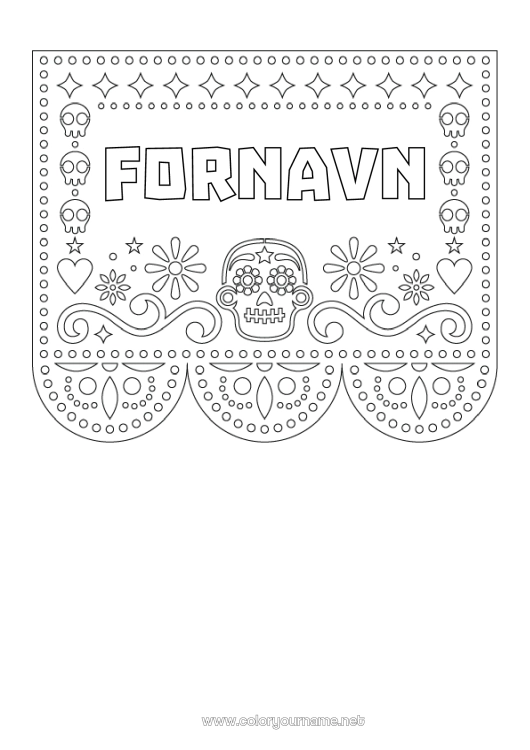 Fargeleggingssiden til utskrift De dødes dag Calaveras, hodeskaller Mexicansk broderi
