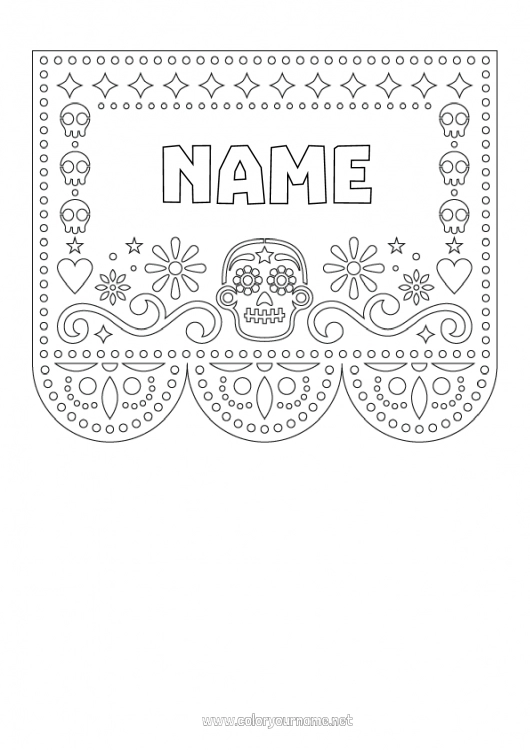 Coloring page to print Día de los Muertos Calaveras, skulls Mexican embroidery