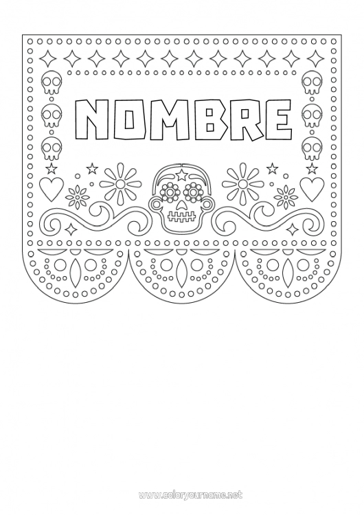 Dibujo para colorear para imprimir Día de los Muertos Calaveras Bordado mexicano