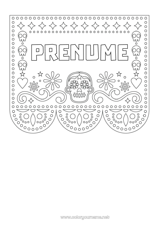 Pagină de colorat de imprimat Ziua Morților Calaveras, capete de mort Broderie mexicană