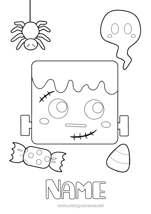 Colouring page to print Sweets Ghost Spider Halloween Easy Colouring Pages Insects Frankenstein