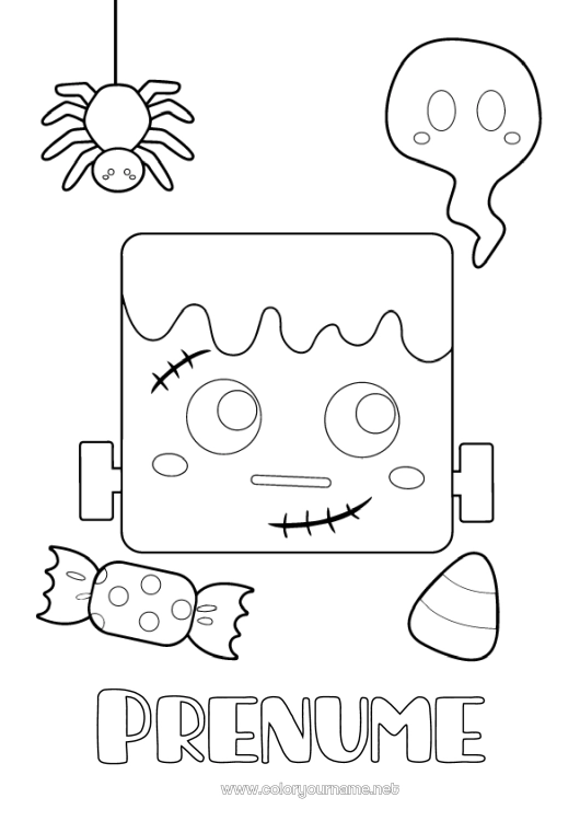 Pagină de colorat de imprimat Bomboane Fantomă Păianjen Halloween Desene de colorat ușoare Insecte Frankenstein