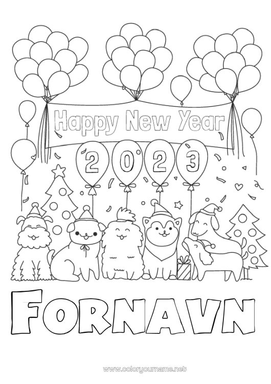 Farvelægningssiden til udskrivning Balloner Fest Hund 2023 Hunde og katte Besked