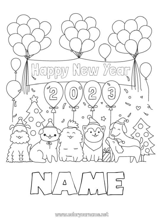 Coloring page to print Balloons Party Dog 2023 Dog and cat 