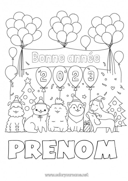 Coloriage à imprimer Ballons Fête Chien 2023 Chiens et chats Message 