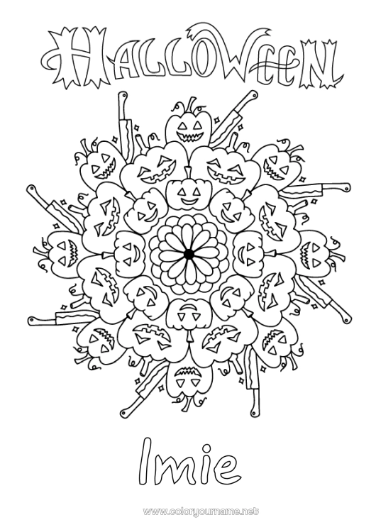 Kolorowanka do wydruku Dynia Halloween Mandala Jack O'Lantern Napis 'halloween'