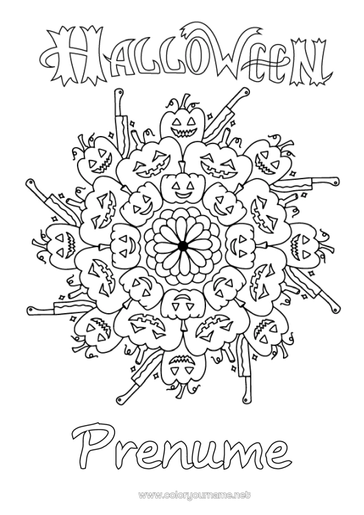 Pagină de colorat de imprimat Dovleac Halloween Mandala Jack cu lampa Înscriere 