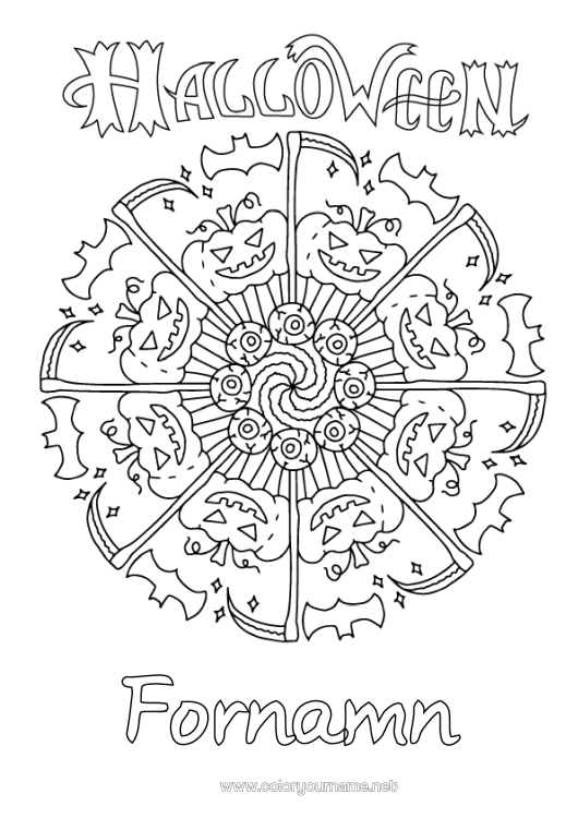Färgläggningssida att skriva ut Fladdermus Halloween Mandala Jack O'Lantern Fåglar och flygande däggdjur Anmälan