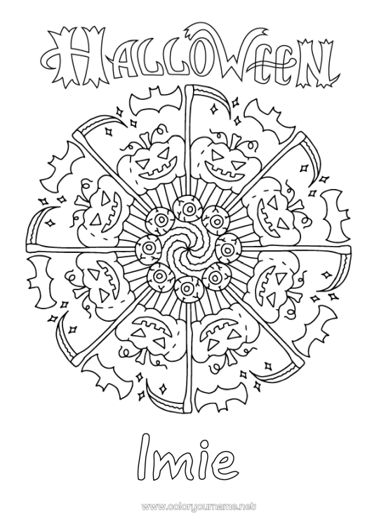 Kolorowanka do wydruku Nietoperz Halloween Mandala Jack O'Lantern Ptaki i latające ssaki Napis 'halloween'