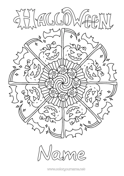 Colouring page to print Bat Halloween Mandala Jack O'lantern Birds And Flying Mammals Halloween Sign-Up
