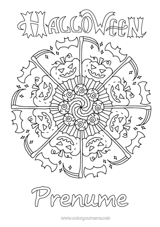 Pagină de colorat de imprimat Liliac Halloween Mandala Jack cu lampa Păsări și mamifere zburătoare Înscriere
