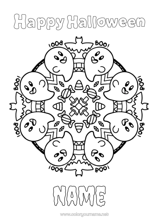 Colouring page to print Bat Sweets Ghost Halloween Mandala Birds And Flying Mammals Halloween Sign-Up