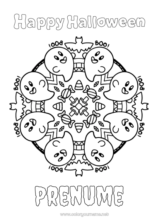 Pagină de colorat de imprimat Liliac Bomboane Fantomă Halloween Mandala Păsări și mamifere zburătoare Înscriere
