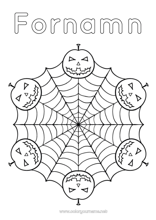 Färgläggningssida att skriva ut Pumpa Spindel Halloween Mandala Jack O'Lantern Djur Insekter Spindelnät