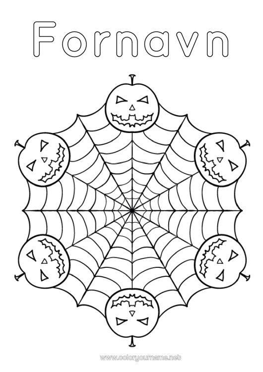Farvelægningssiden til udskrivning Græskar Edderkop Halloween Mandala Græskarlampe Dyr Insekter Edderkoppespind