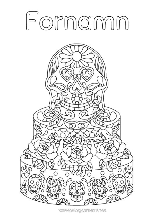 Färgläggningssida att skriva ut Kaka De dödas dag Mexiko Komplexa målarbilder Calaveras, dödskallar