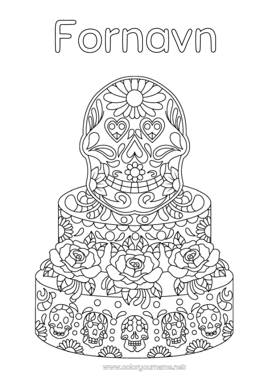 Fargeleggingssiden til utskrift Kake De dødes dag Mexico Komplekse fargelegginger Calaveras, hodeskaller