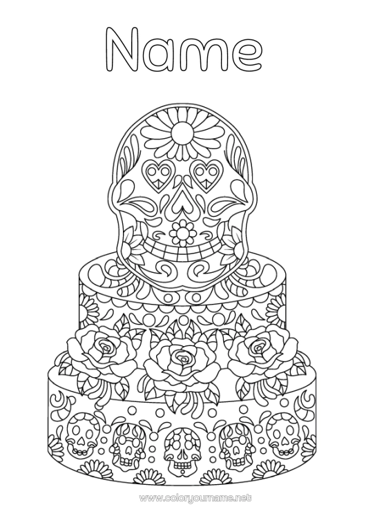 Colouring page to print Cake Day Of The Dead Mexico Complex Colouring Pages Calaveras, Skulls