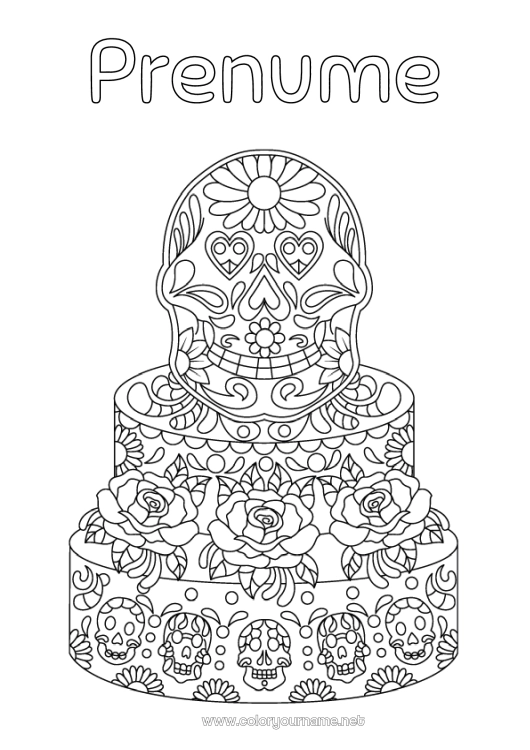 Pagină de colorat de imprimat Tort Ziua Morților Mexic Desene de colorat complexe Calaveras, capete de mort