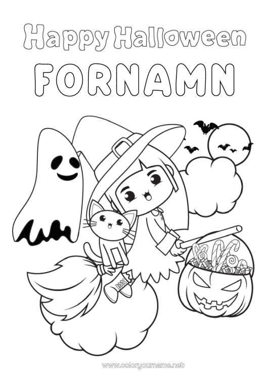 Färgläggningssida att skriva ut Broom Spöke Häxa Svart katt Ett godis eller ett spratt? Halloween Söt Anmälan