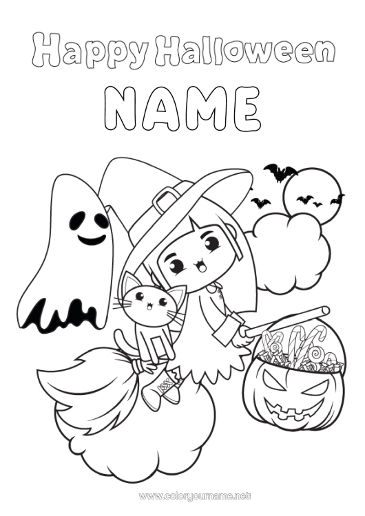 Colouring page to print Broom Ghost Witch Black Cat Trick Or Treat? Halloween Cute Halloween Sign-Up