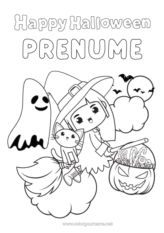 Pagină de colorat de imprimat Mătură Fantomă Vrăjitoare Pisica neagră O bomboană sau o farsă? Halloween Drăguț Înscriere
