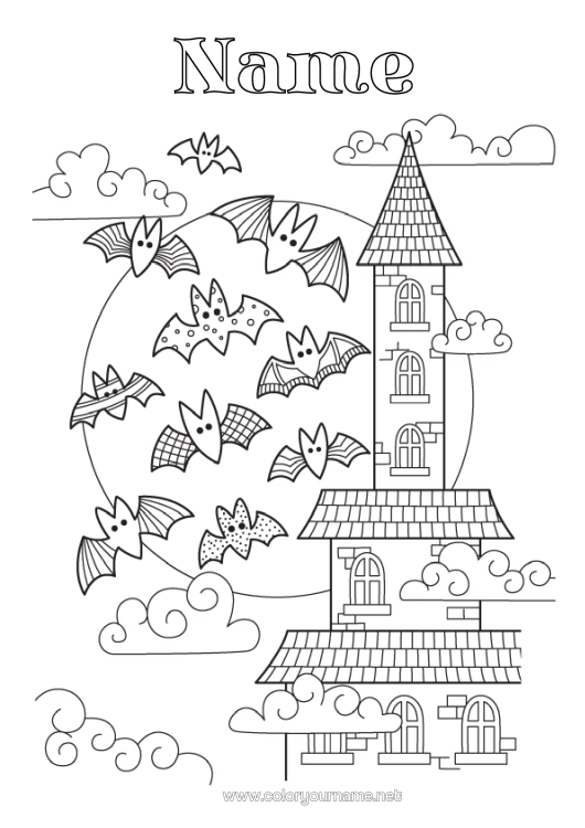 Colouring page to print Bat House Intermediate Colouring Sheets Zentangle Birds And Flying Mammals Haunted Manor