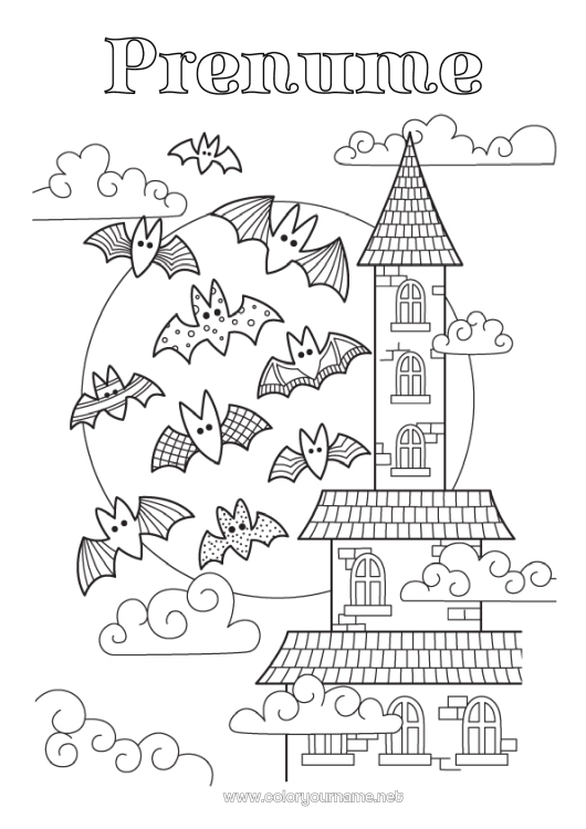 Pagină de colorat de imprimat Liliac Casă Colorează intermediare Zentangle Păsări și mamifere zburătoare Conacul bântuit