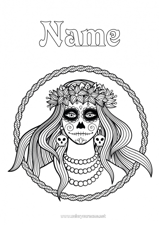 Coloring page to print Día de los Muertos Catrina