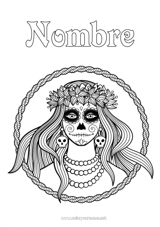 Dibujo para colorear para imprimir Día de los Muertos Catrina