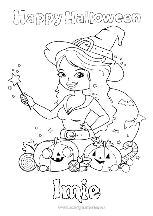 Kolorowanka do wydruku Czarownica Halloween Napis 'halloween'
