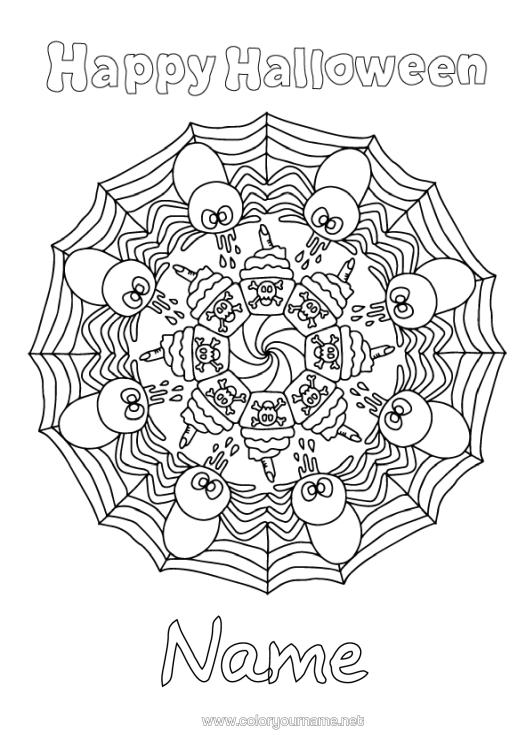 Colouring page to print Spider Halloween Mandala Fairy Cake Insects Halloween Sign-Up Cobweb