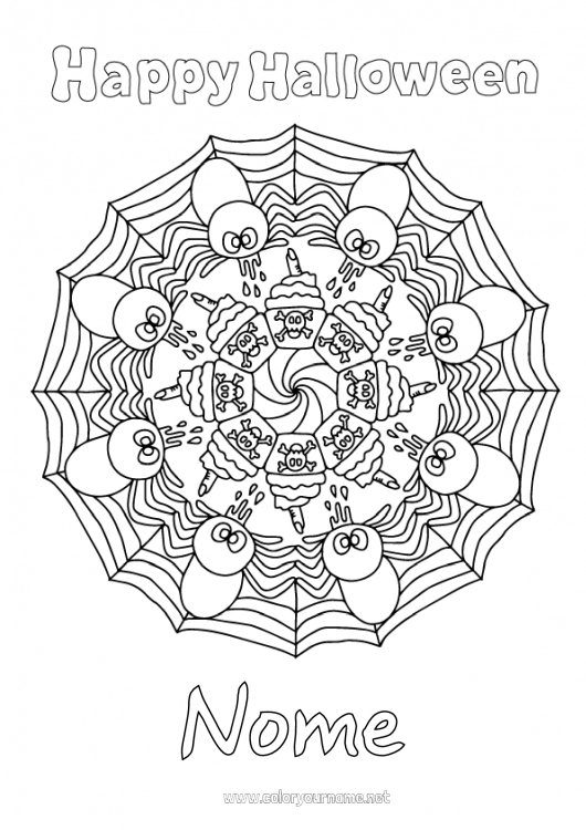 Página de desenho para imprimir Aranha Halloween Mandala Cupcake Insetos Inscrição 