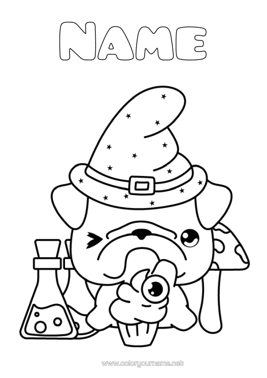 Colouring page to print Halloween Cute Dog Animal Treats, Sweets Fairy Cake Dogs And Cats Pacifier Wizard's Hat