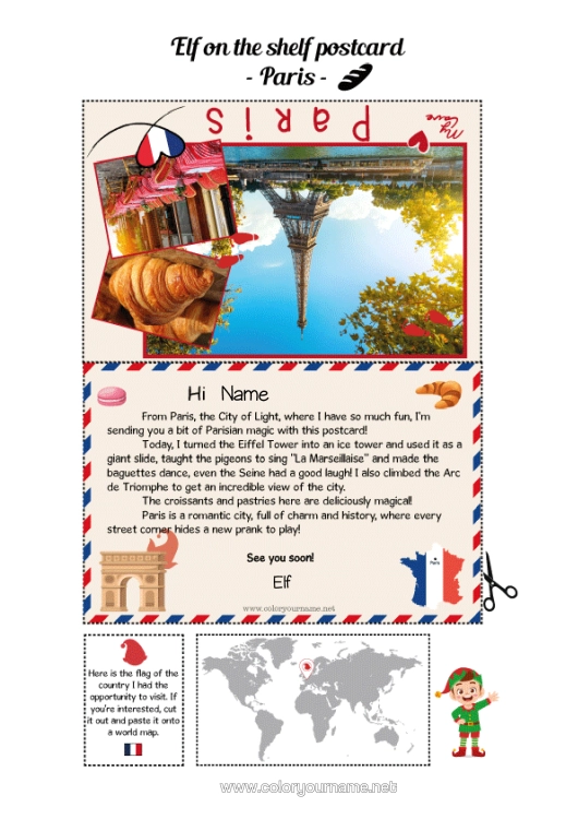 Colouring page to print France Paris Mischievous Elf's Journey Postcard Postcard Of A Single Elf A Single Mischievous Elf