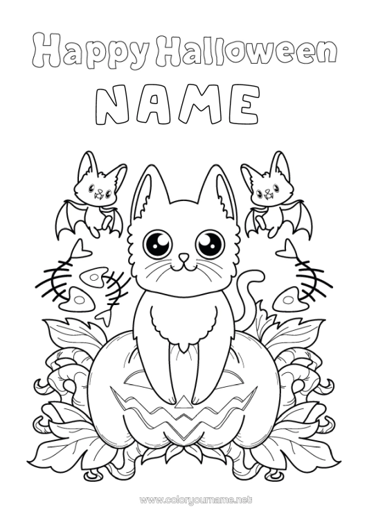 Colouring page to print Bat Pumpkin Black Cat Halloween Birds And Flying Mammals Halloween Sign-Up
