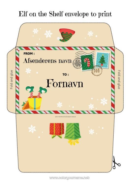 Farvelægningssiden til udskrivning Jule-nisser Jul Brev fra drillesyge nisser Brev til Julemanden Kuvert Trykt kuvert Julefejls rejse Julekuvert Kuvert til julemandens nissepost