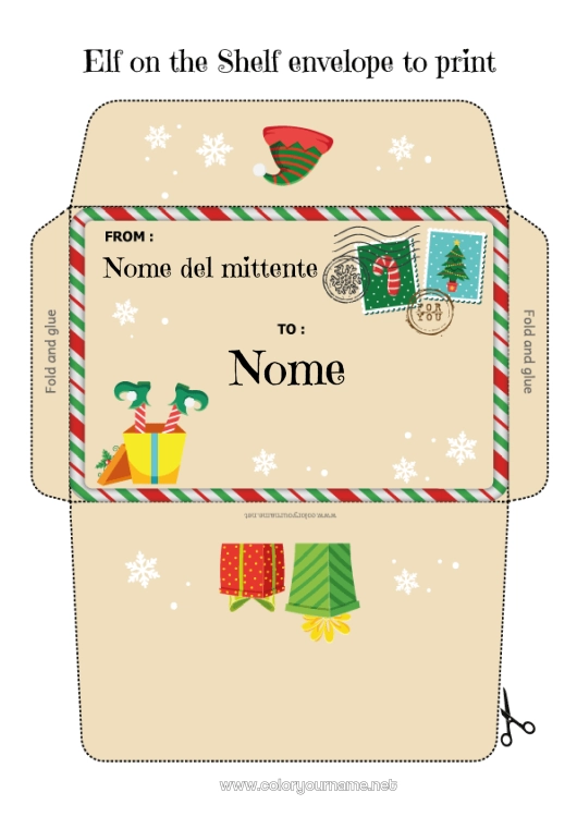 Pagina da colorare da stampare Elfo di Natale Natale Lettere di elfi scherzosi Lettera a Babbo Natale Busta Busta da stampare