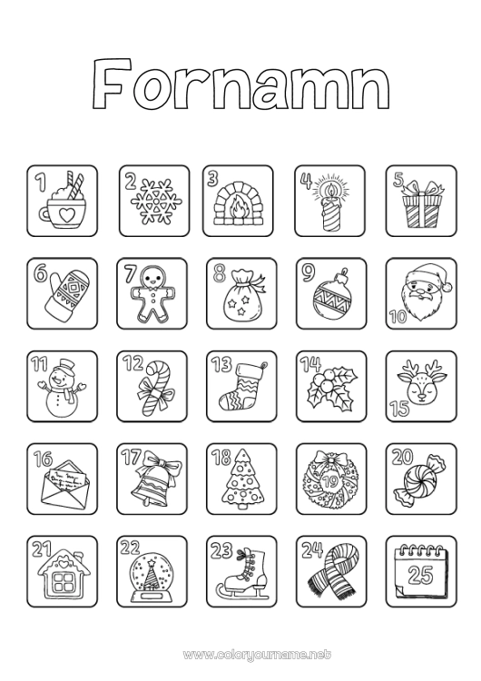 Färgläggningssida att skriva ut Jul Barnaktiviteter Symboler Adventskalender Stuga