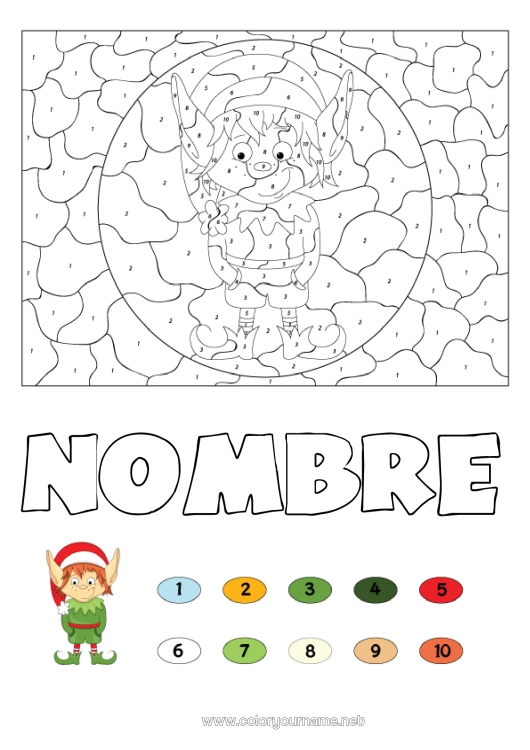 Dibujo para colorear para imprimir Elfos de navidad Navidad Número Colorear por números Actividades para niños