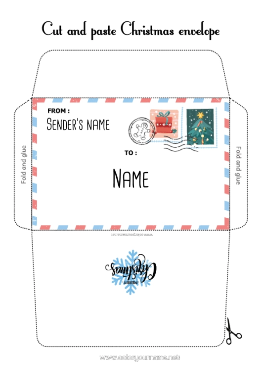 Colouring page to print Winter Christmas Letter To Father Christmas Snowflakes Envelope Print Envelope Mischievous Elf's Journey Christmas Envelope Envelope For The Christmas Trickster Elf's Mail