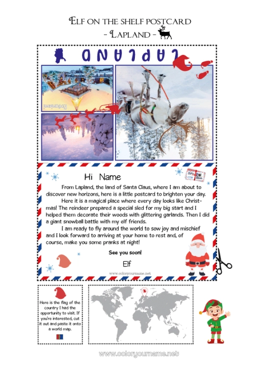 Coloring page to print North Pole Elf on the Shelf Trip Postcard Lapland Finland Postcard of a SINGLE elf